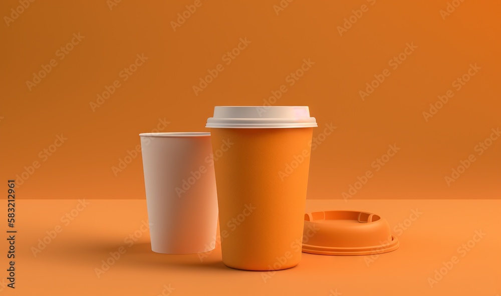  two coffee cups sitting next to each other on an orange background with a white lid and a white cup