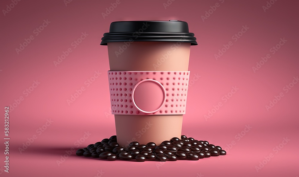  a cup of coffee with a pink lid and a pile of coffee beans on a pink background with a black lid an