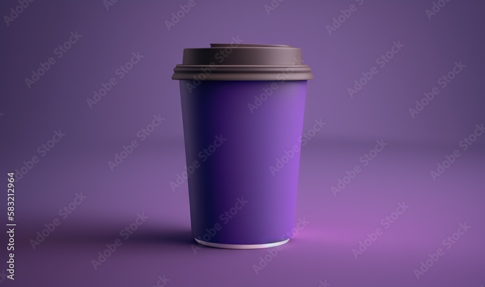  a purple coffee cup with a brown lid on a purple background with a shadow of the cup and the lid is