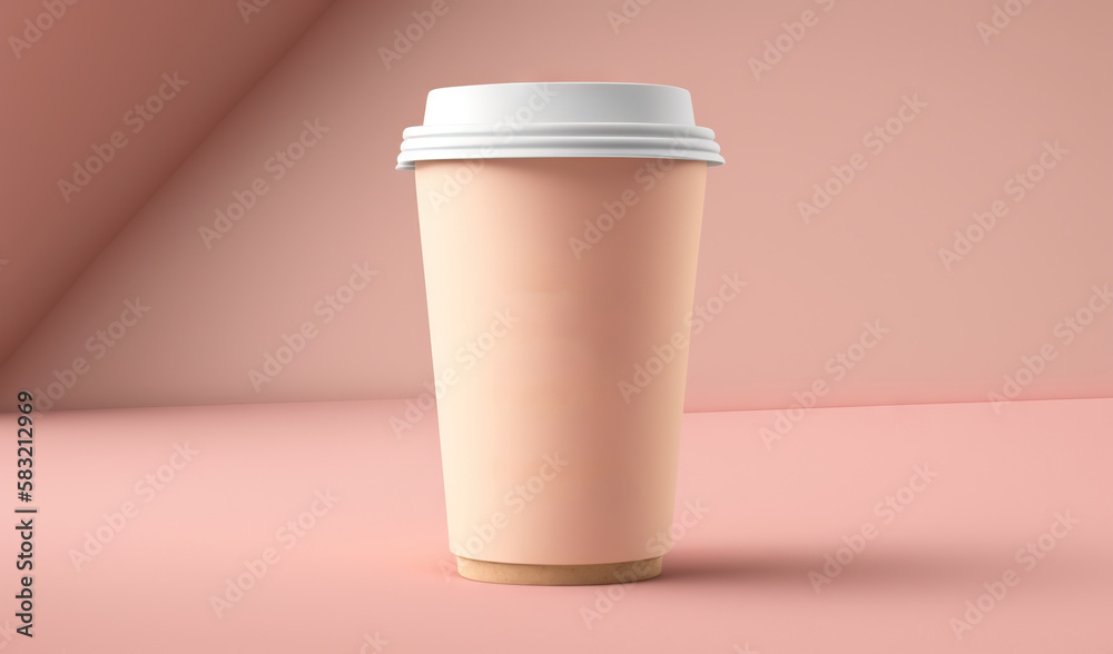  a cup of coffee with a lid on a pink surface with a pink wall in the background that says kalk walk