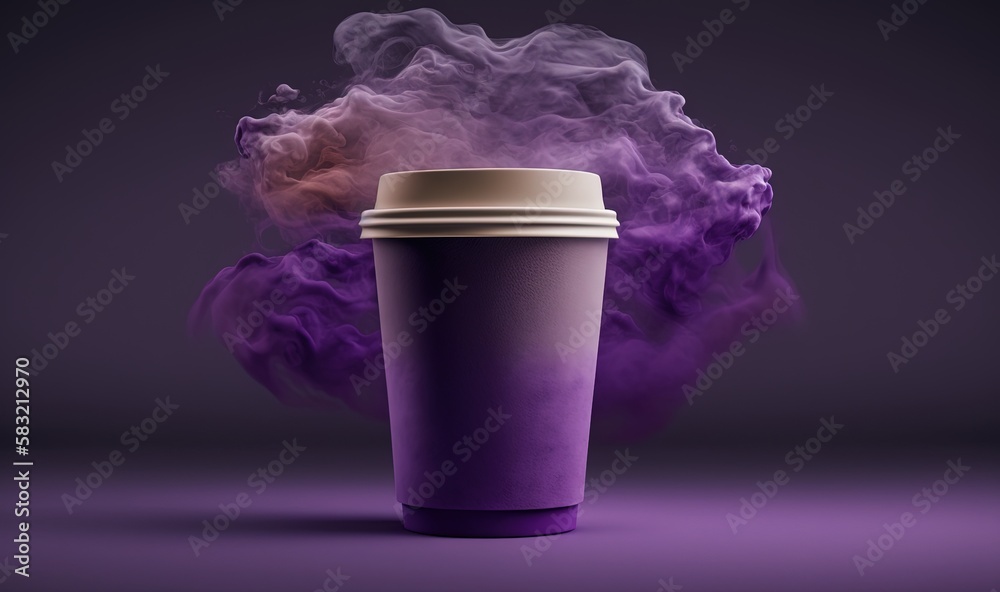  a cup of coffee with smoke coming out of it on a purple background with a black background and a wh