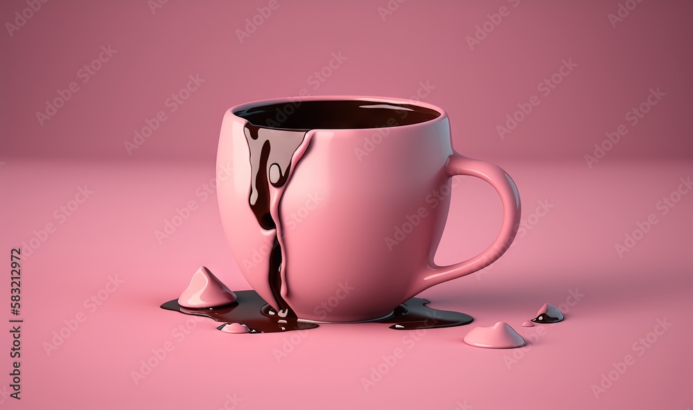  a pink coffee cup with chocolate sauce on it and spilled chocolate on the ground next to the coffee