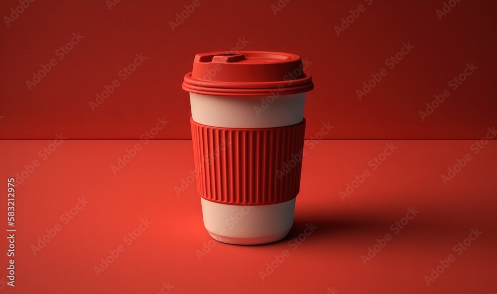  a coffee cup with a red lid and a white cup with a red lid on a red surface with a red wall in the 