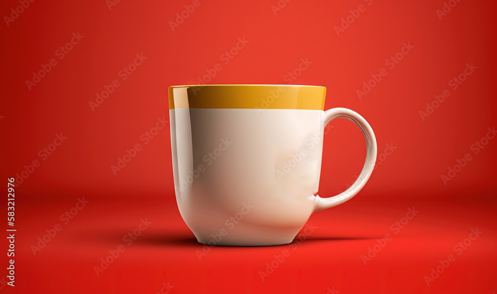  a coffee cup with a yellow rim on a red background with a yellow rim on the bottom of the cup and a