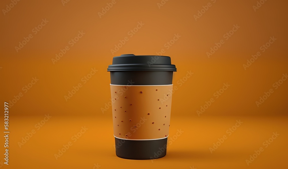  a coffee cup with a black lid and a brown bottom on an orange background with a black lid and a bro