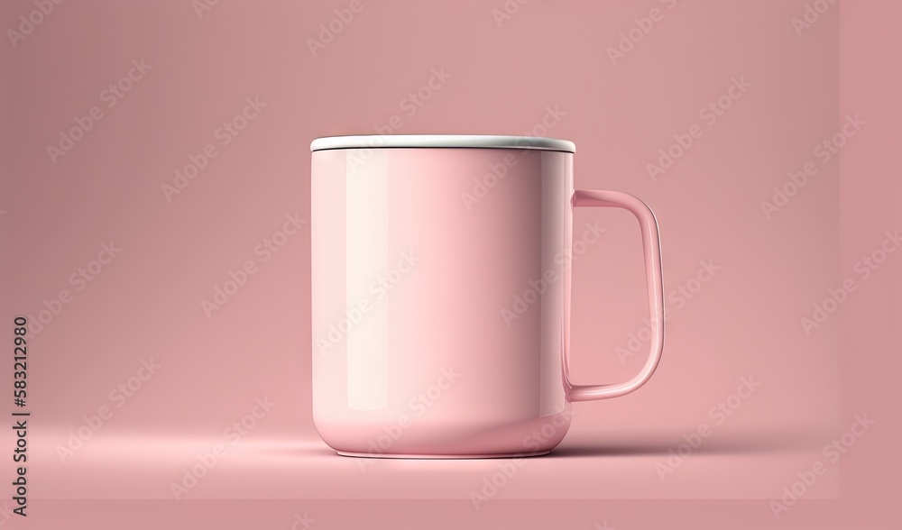  a pink coffee mug sitting on a pink surface with a shadow on the ground and a light pink wall behin