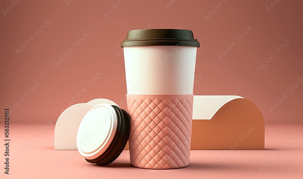  a cup of coffee with a lid and a lid on a pink surface with a cardboard box next to it and a cardbo