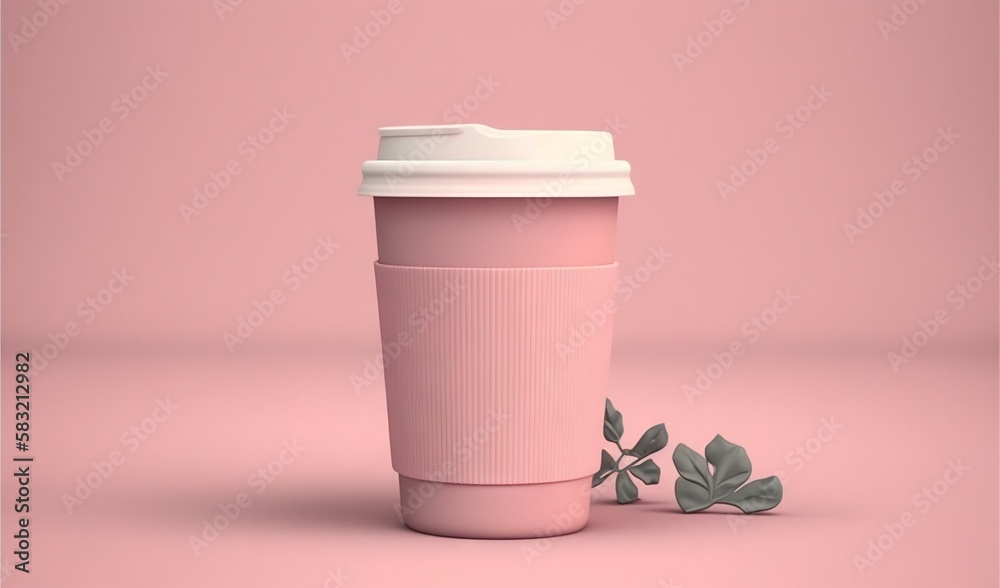  a pink coffee cup with a white lid and a green leaf on the side of it, on a pink background with a 