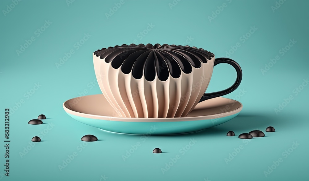  a coffee cup with a saucer and saucer on a saucer surrounded by small black and white balls on a te