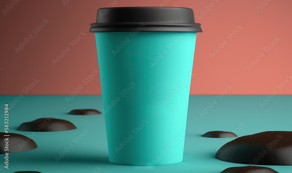  a cup of coffee sitting on top of a blue table next to some chocolate rocks and a pink wall in the 