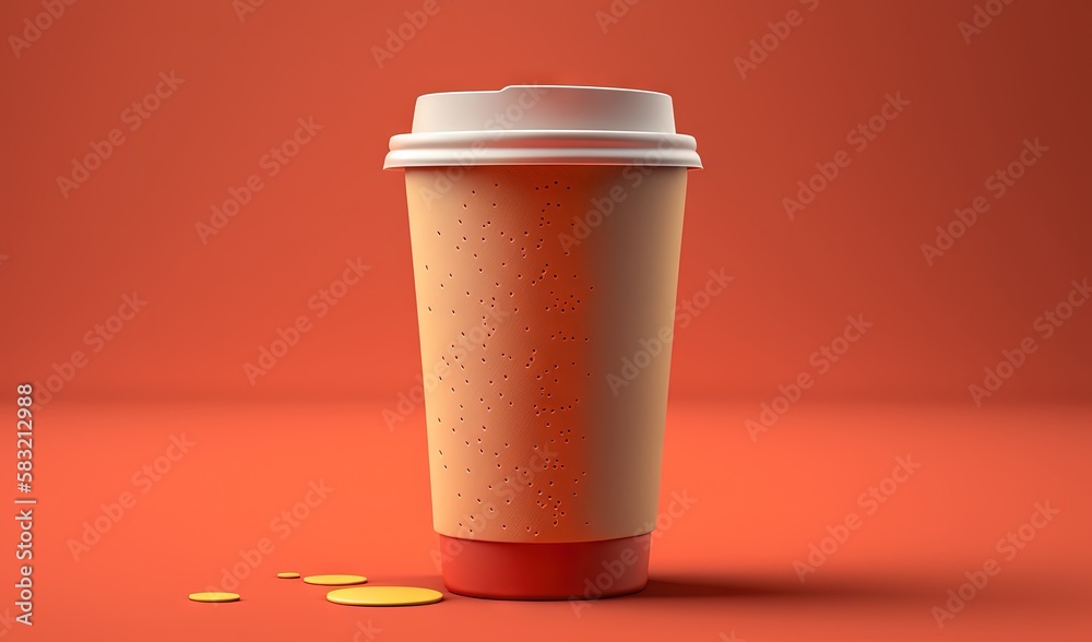  a cup of coffee with a lid and a few coins on the floor next to it on an orange background with a r