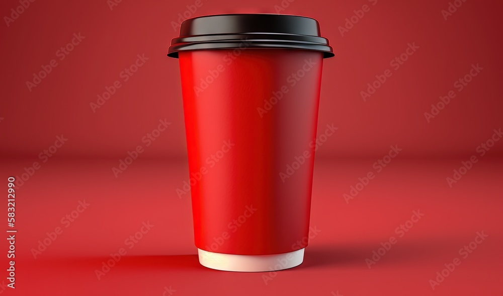  a red coffee cup with a black lid on a red background with a shadow of the cup on the bottom of the