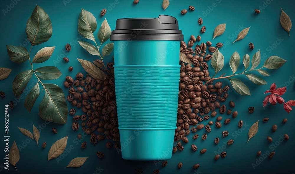  a blue coffee cup surrounded by coffee beans and leaves on a teal blue background with leaves and a