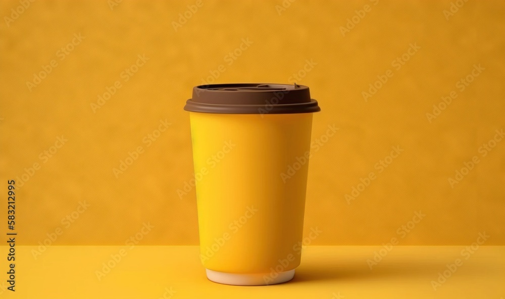  a yellow coffee cup with a brown lid on a yellow surface with a yellow background and a brown lid o