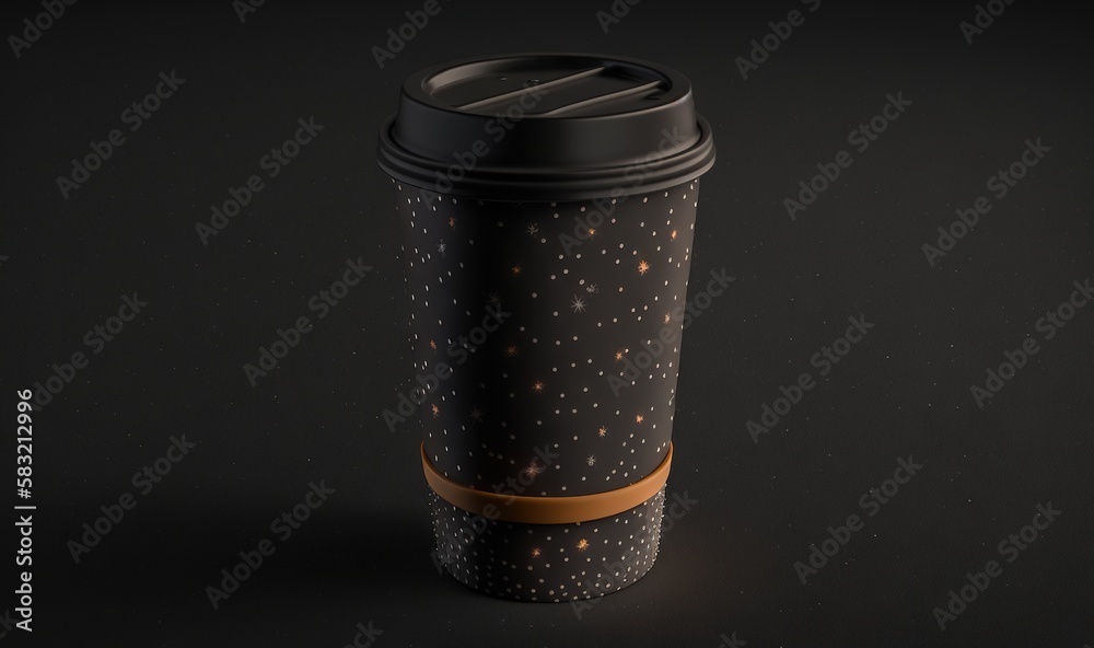  a black coffee cup with a brown band around the bottom of it and a black lid and bottom with gold d