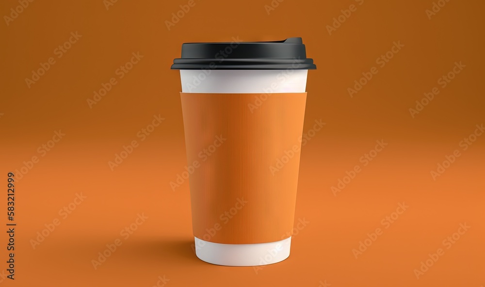  a coffee cup with a black lid and a black lid on an orange background with a black lid and a black 