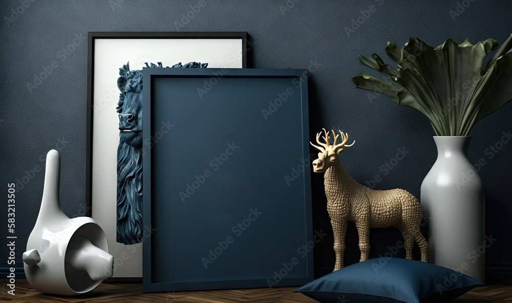  a picture frame sitting on top of a wooden floor next to vases and a deer figurine next to a framed