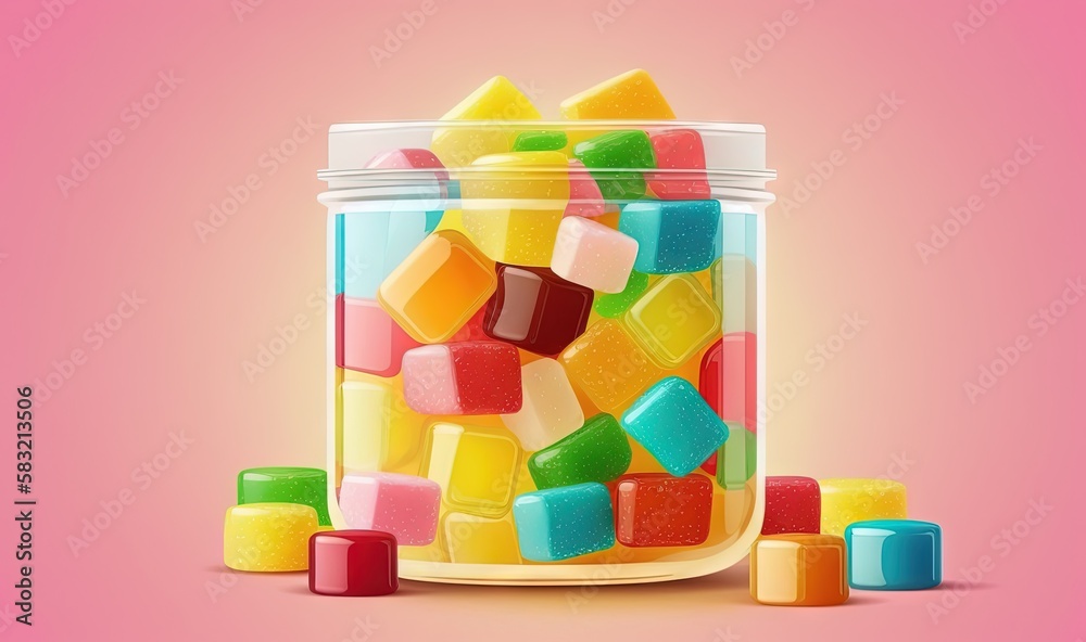  a jar filled with lots of different colored gummy bears next to a pile of smaller gummy bears on to