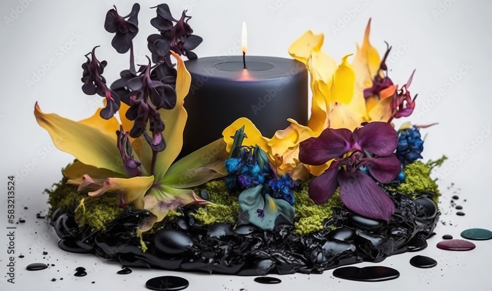  a candle surrounded by flowers and rocks on a white surface with black dots on the ground and a bla