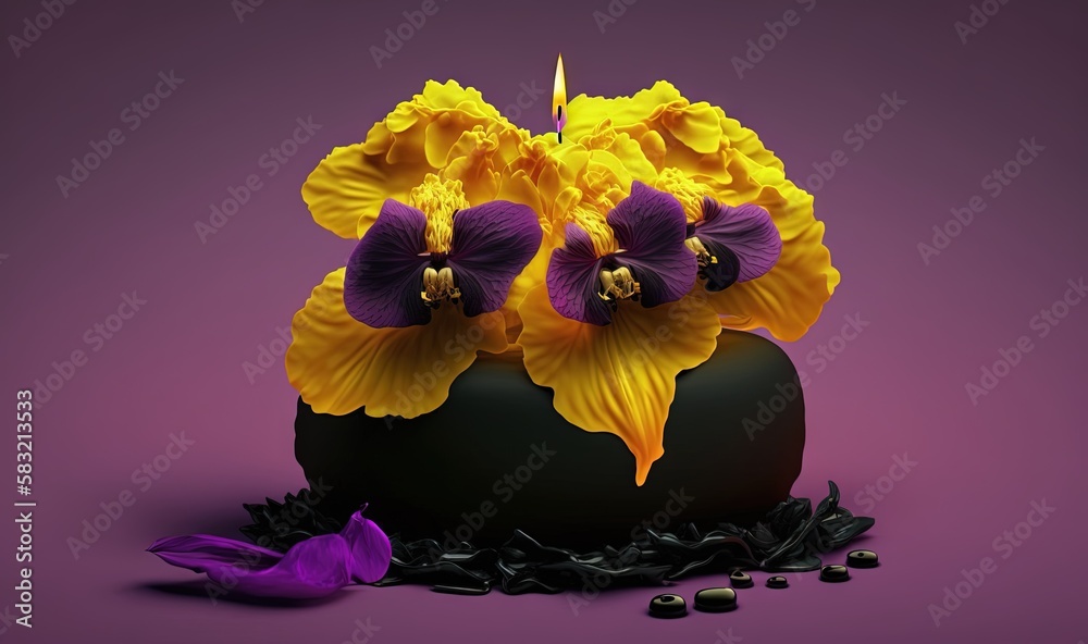  a cake with yellow and purple flowers on top of a purple tablecloth with black beads and a purple f