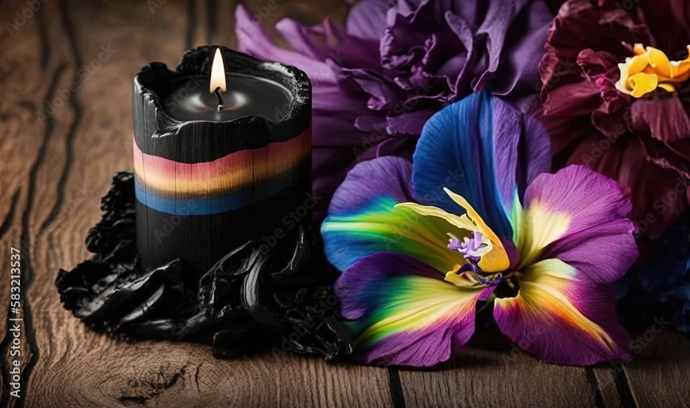  a black candle with a rainbow colored candle next to it on a wooden surface with flowers around it 