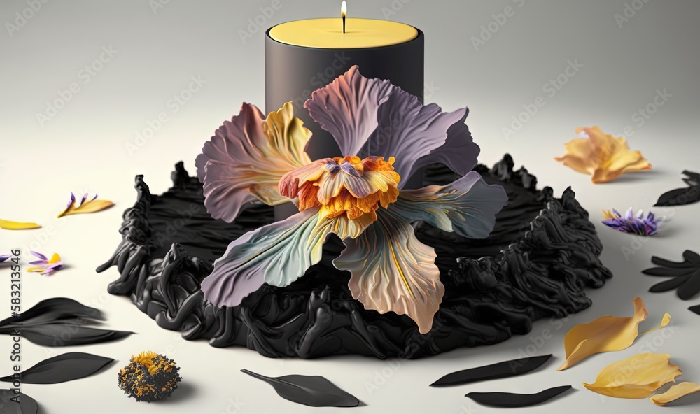  a candle with a flower on it surrounded by petals of leaves and petals of petals on the ground, wit