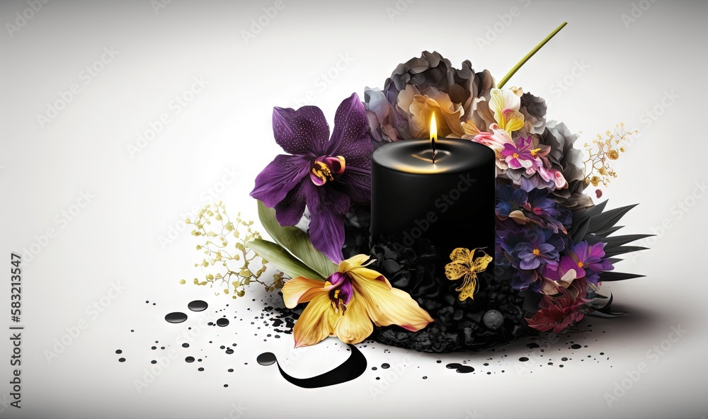  a black candle surrounded by flowers on a white background with a black letter in the middle of the