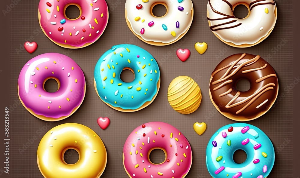  a variety of donuts with different toppings on a brown background with hearts and hearts on the sid