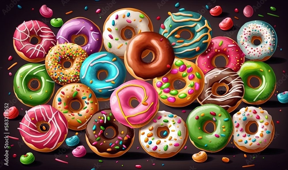  a pile of donuts with sprinkles on a black background with confetti and sprinkles on the floor.  ge