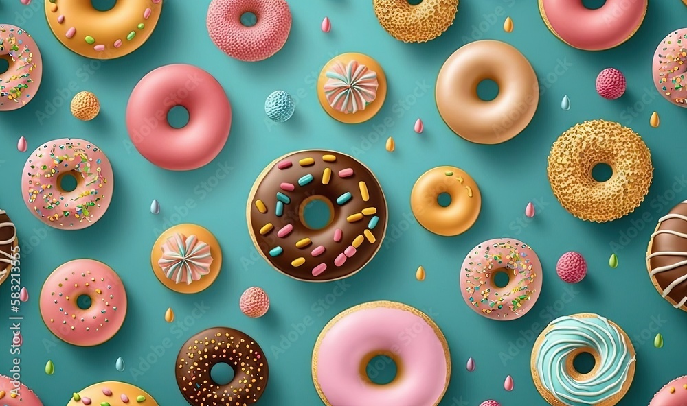  a bunch of donuts that are on a blue surface with sprinkles on them and one is pink and one is blue