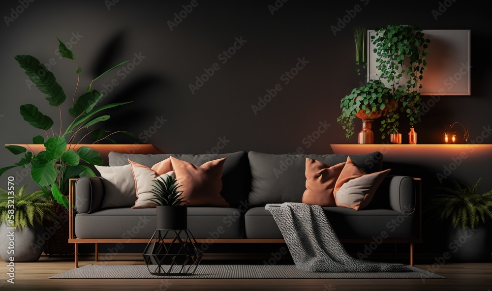  a living room with a couch, potted plants and a rug on the floor in front of the couch is a black w