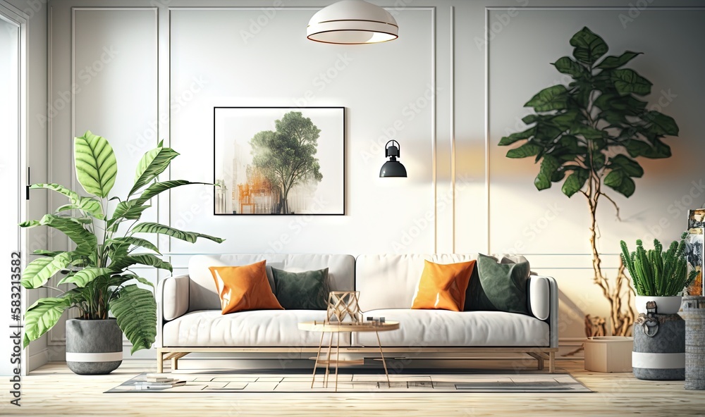  a living room with a couch, table, and potted plants in it and a painting on the wall above the cou