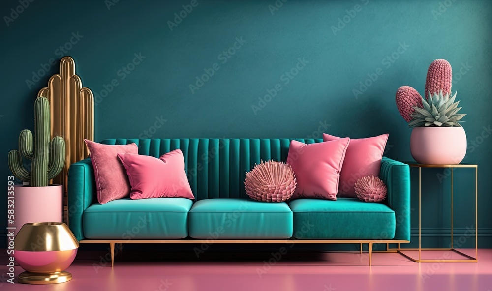  a blue couch with pink and green pillows and a cactus in a pot on a pink and blue wall with a gold 