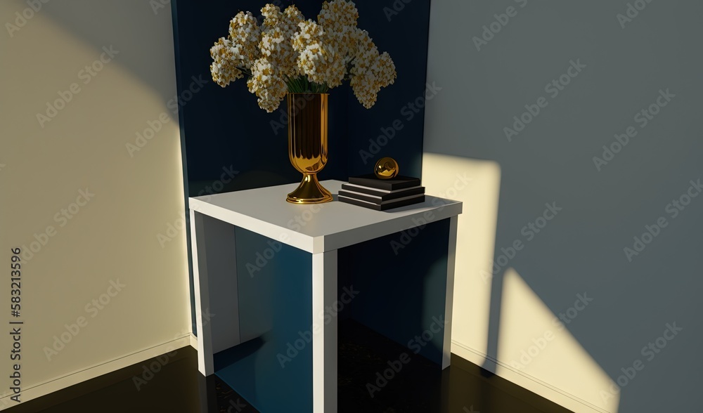  a vase of flowers sitting on a small table in a room with a blue wall and a black and white floor a