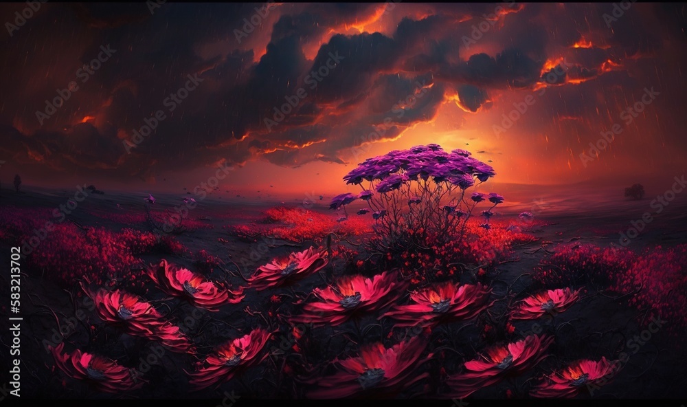  a painting of a sunset with a tree and flowers in the foreground and clouds in the background, with