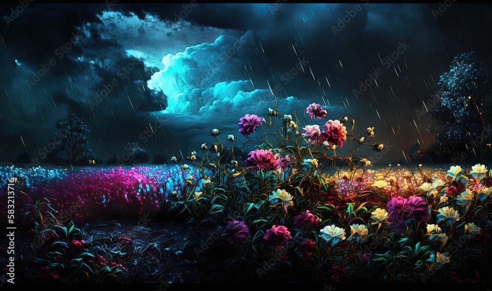  a painting of a field of flowers under a cloudy sky with a full moon in the distance and a dark sky