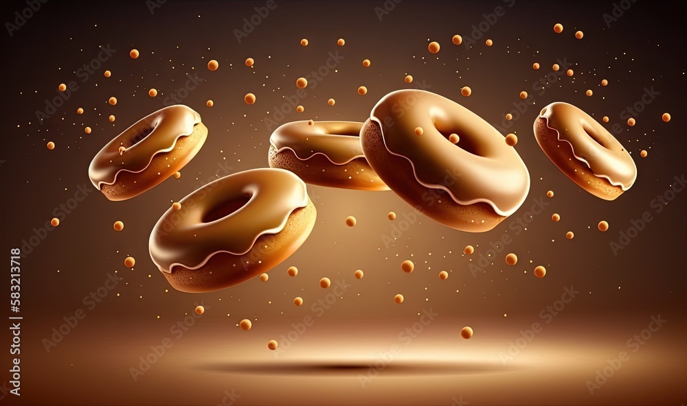  a bunch of doughnuts flying through the air on a brown background with bubbles of oil on the bottom