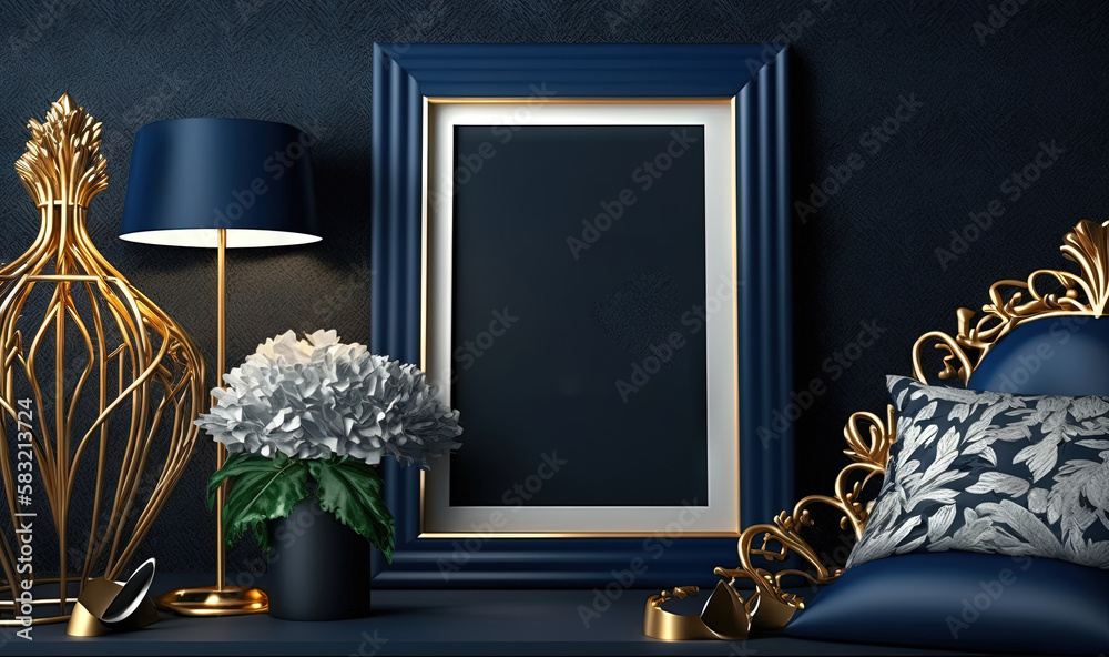  a picture frame sitting on a table next to a lamp and a vase with flowers in it and a lamp shade on