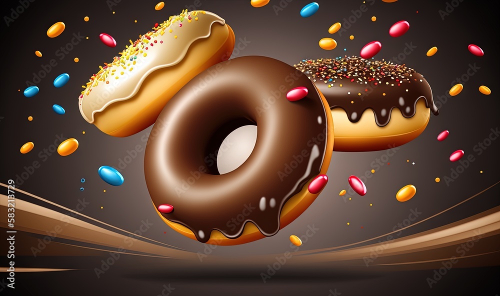  a group of three donuts with sprinkles on a black background with a brown ribbon and a black backgr