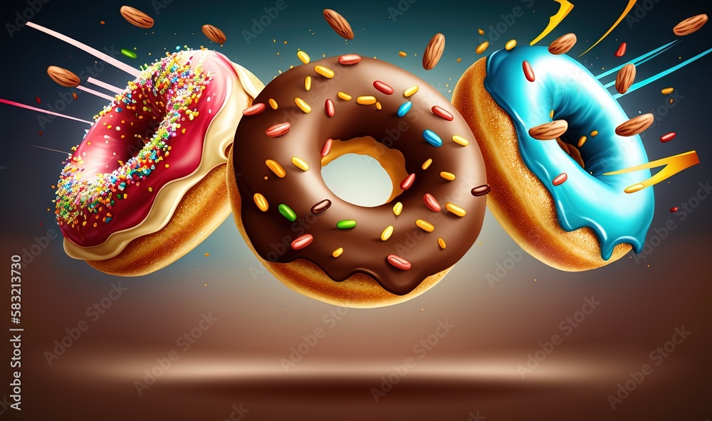  a group of three donuts with sprinkles on a dark background with a blue sky in the background and a