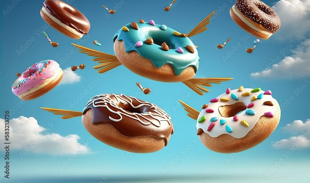  a group of donuts flying through the air with different toppings on top of them in the sky with clo