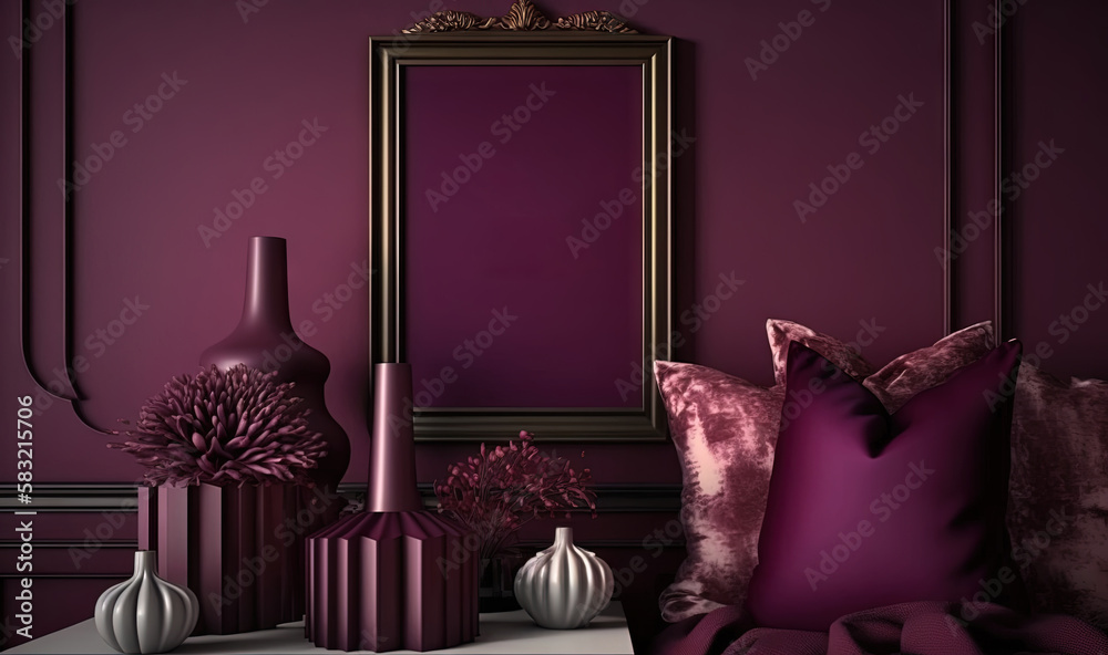  a purple room with a picture frame, vases, and other decorative items on a table in front of a purp