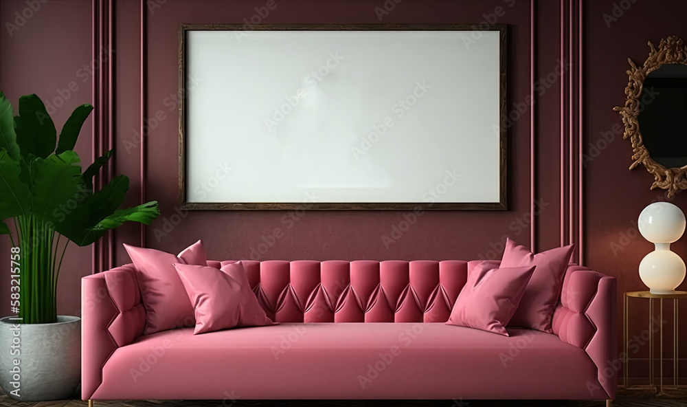  a living room with a pink couch and a large picture frame on the wall above the couch is a plant an