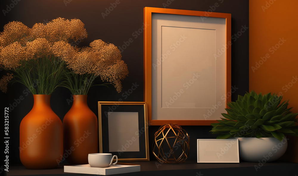  a table with vases, a picture frame, a cup, and a picture on it with a plant in the corner of the r