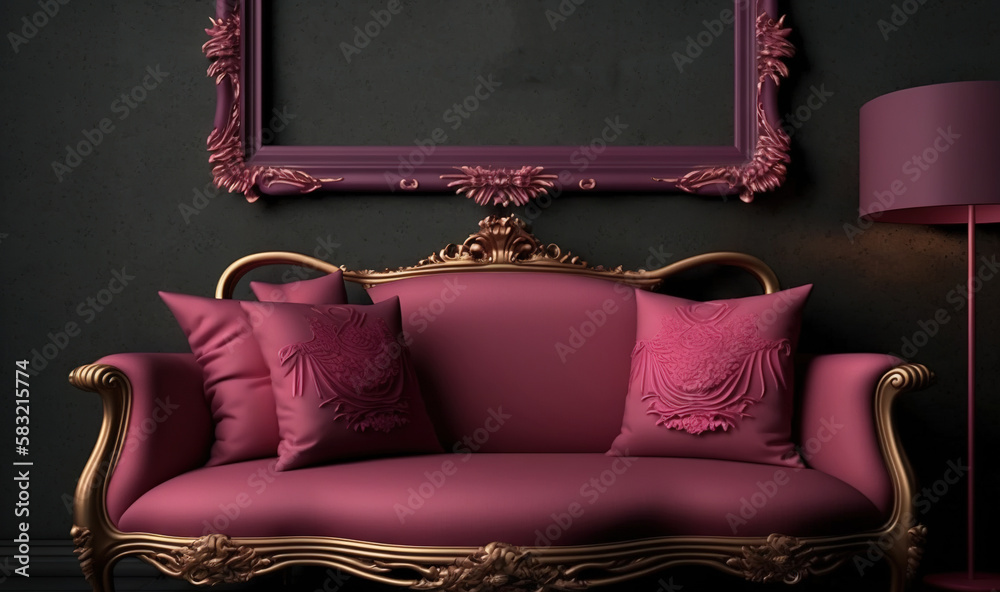  a pink couch sitting in front of a purple lamp next to a framed picture on a wall with a pink lamp 