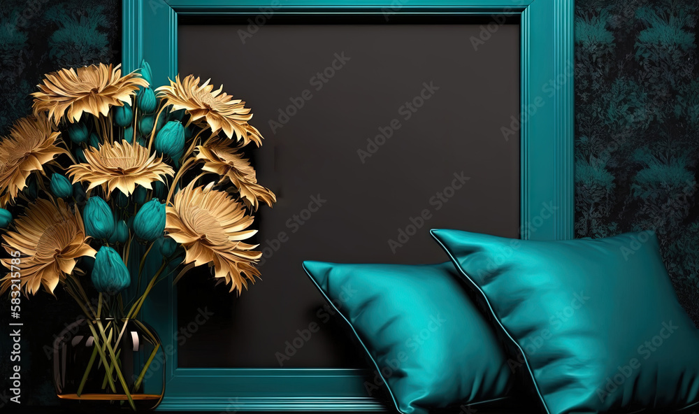  a picture frame with a vase of flowers next to a pair of blue pillows and a vase of yellow flowers 