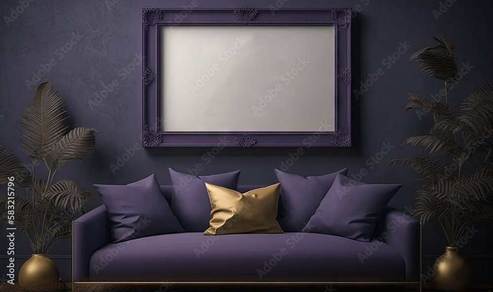  a purple couch with a gold pillow in a room with a purple wall and a purple framed poster on the wa