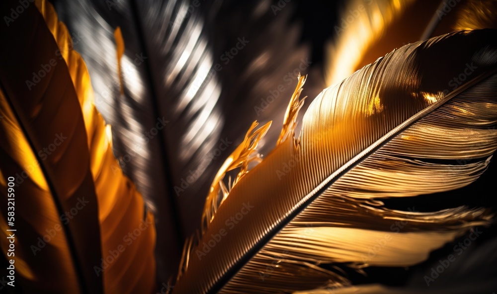  a close up of a yellow feather on a black background with a blurry image of the feathers of a bird 