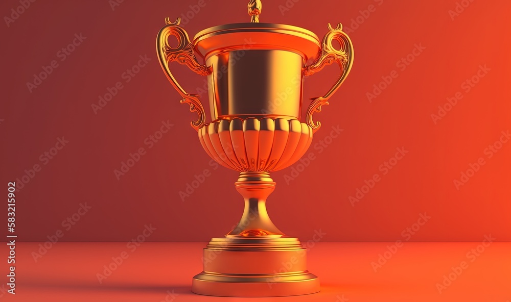  a golden trophy on a red surface with a red wall in the backgrounnd of the image is a gold trophy o