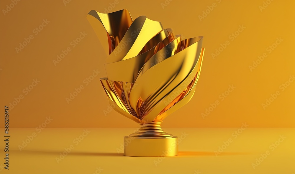  a golden trophy with a gold base on a yellow background with a shadow on the floor and a yellow wal